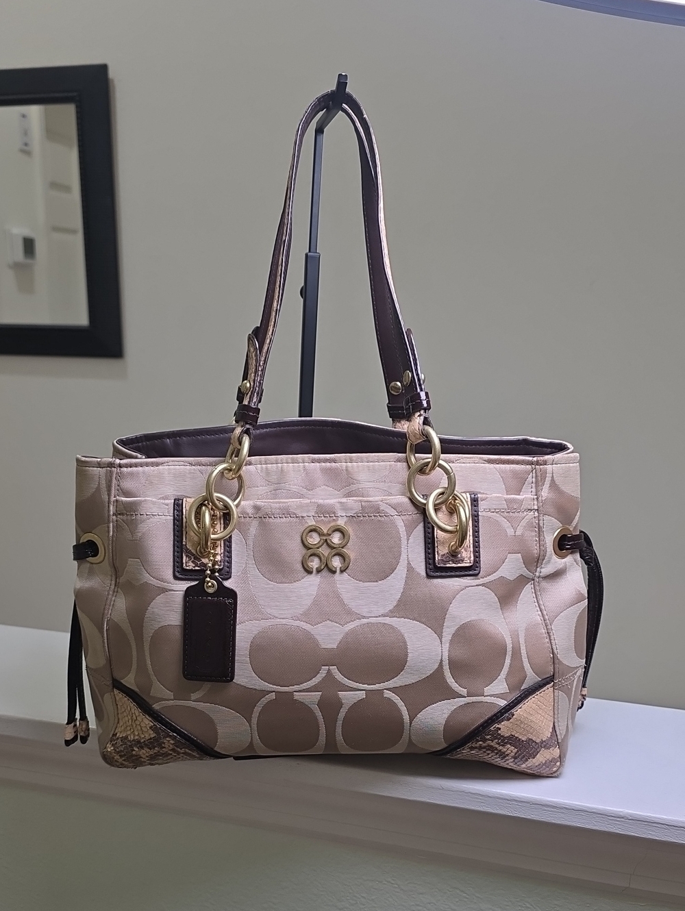 COACH 16475 Colette Signature Sateen Carryall Khaki/Walnut Leather TrimTote VGUC